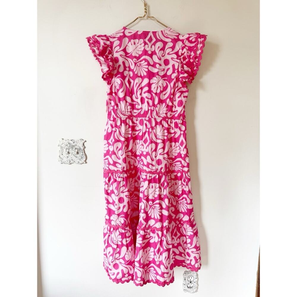 Sail to Sable Pink and White Ric Rac Tiered Ruffle Sleeve Midi Dress L - Picture 8 of 9